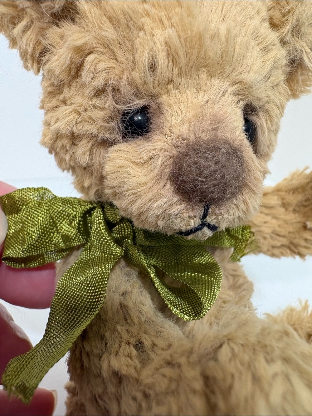 Handcrafted Alpaca Teddy Bear with Green Bow, JRB Creations by Jeannette Bashore